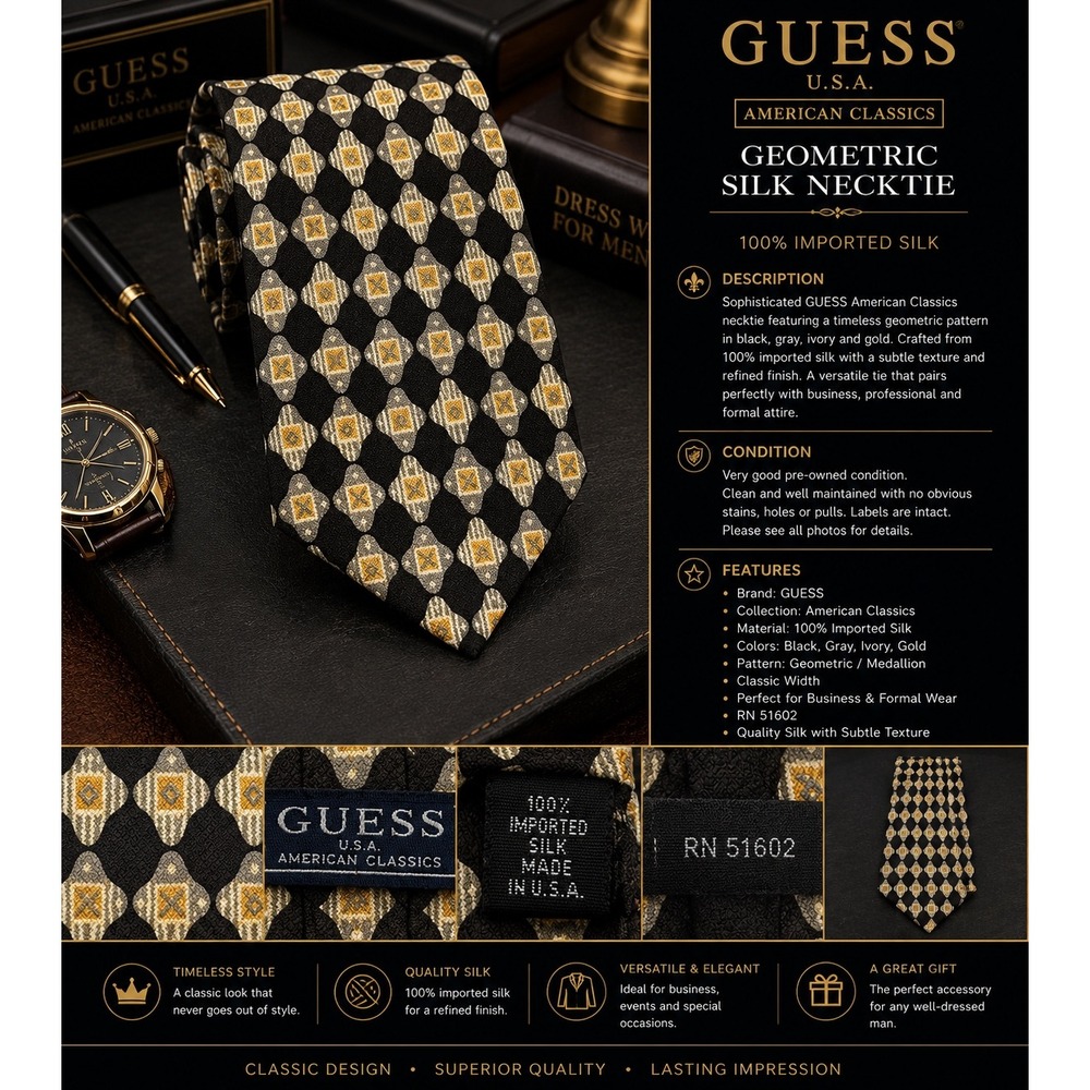GUESS American Classics Men's 100% Imported Silk Geometric Necktie Black Gold